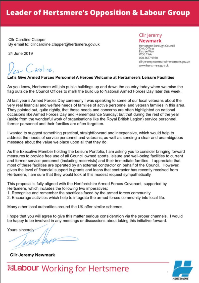 Letter from Jeremy Newmark to Cllr Clapper