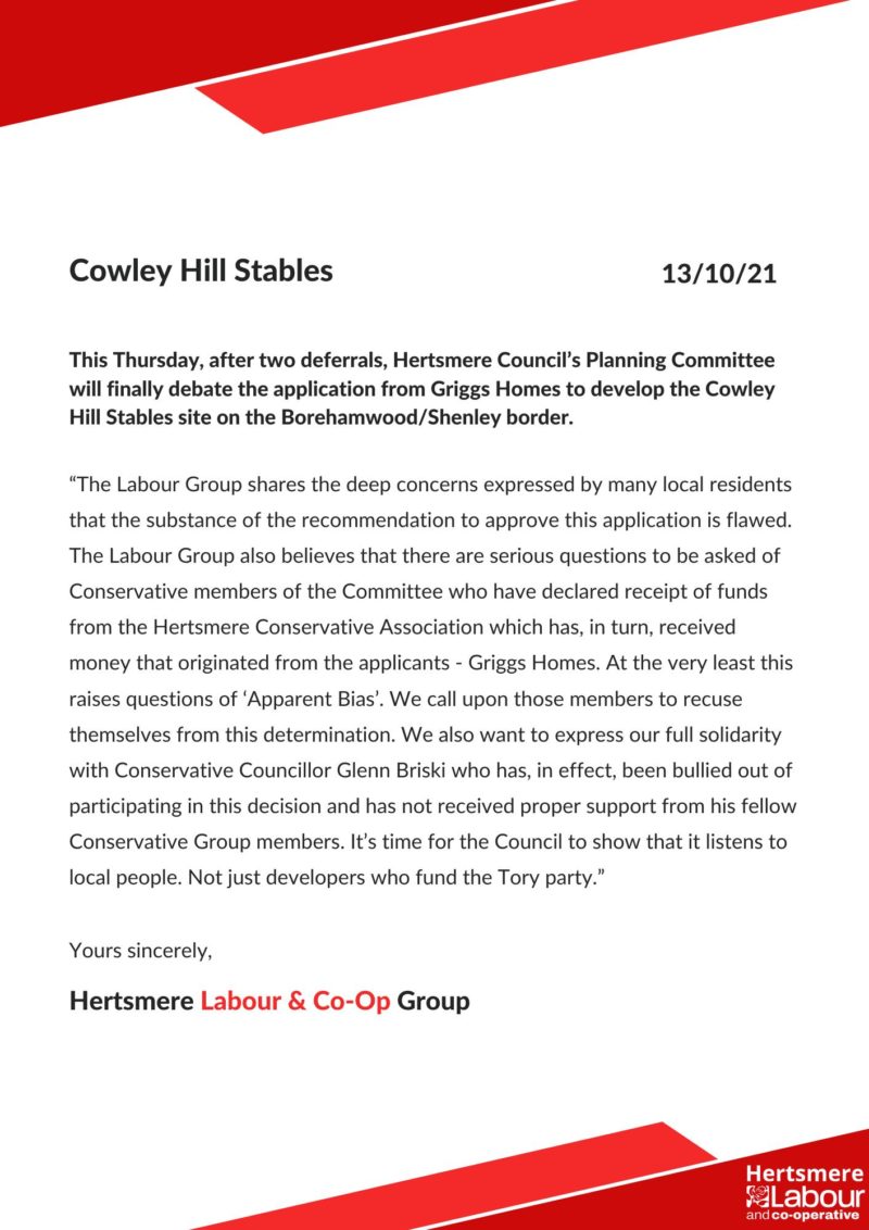 A copy of the statement published by the Hertsmere & Co-Op Labour Group